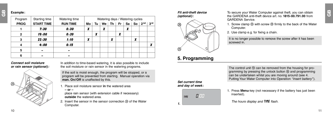 Gardena C 1060 profi manual Programming, Fit anti-theft device optional, Set current time and day of week 