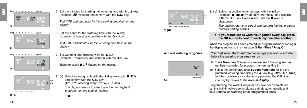 Gardena C 1060 profi manual Set watering time minutes with the -key, Activate watering programs 