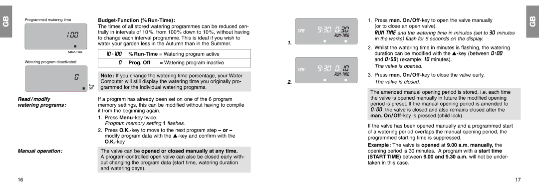 Gardena C 1060 profi Manual operation, Budget-Function % Run-Time, Valve can be opened or closed manually at any time 