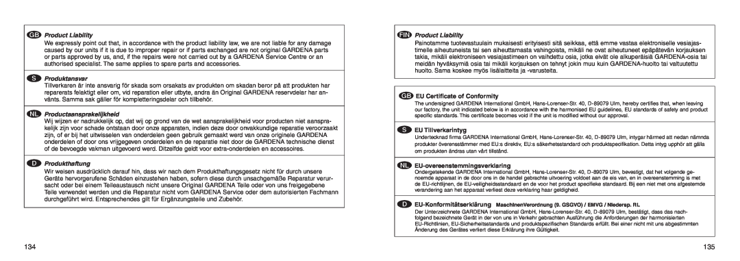 Gardena C 1060 profi manual G Product Liability, S Produktansvar, N Productaansprakelijkheid, D Produkthaftung 