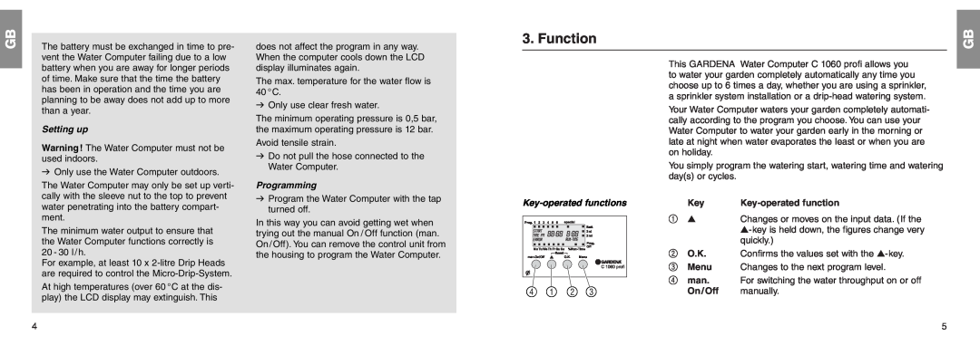Gardena C 1060 profi manual Function, Setting up, Programming, Key-operated functions 