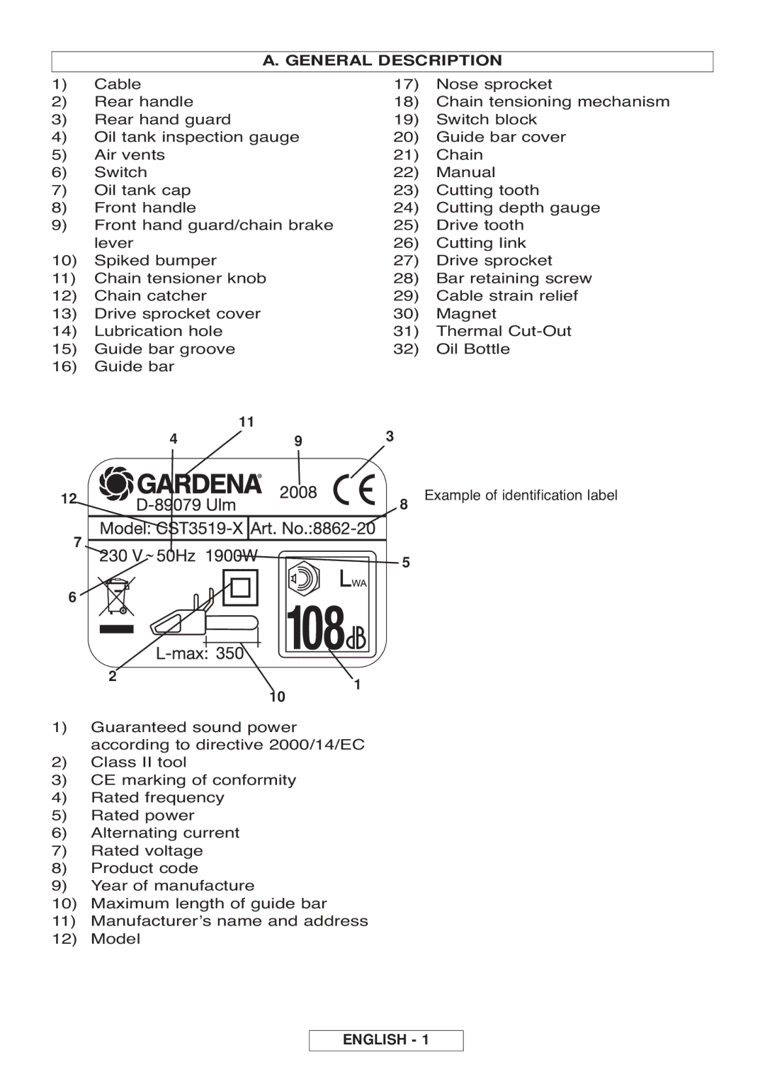 Gardena CSI4020-X, CST3519-X manual General Description, English 