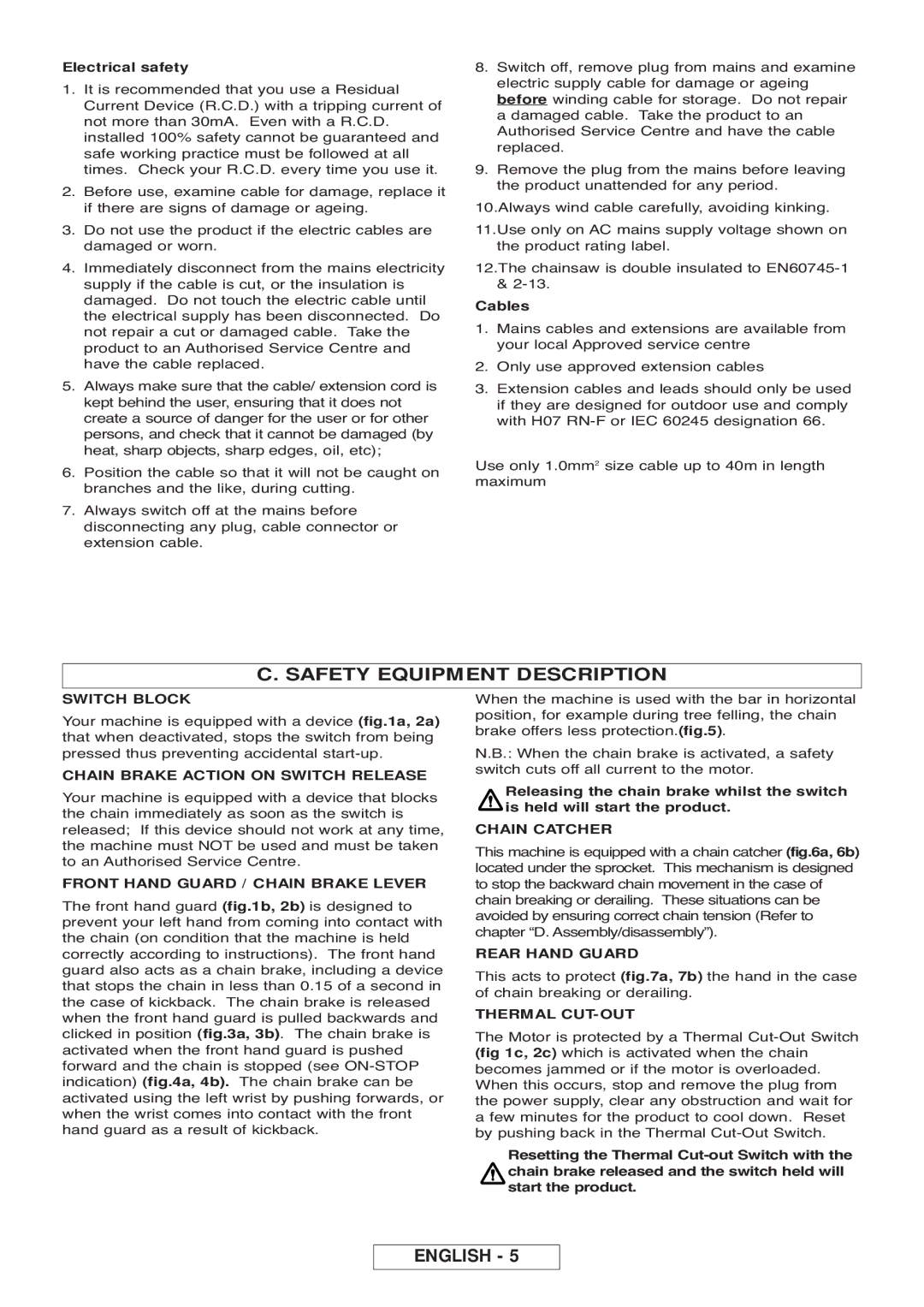 Gardena CSI4020-X, CST3519-X manual Safety Equipment Description, Cables 