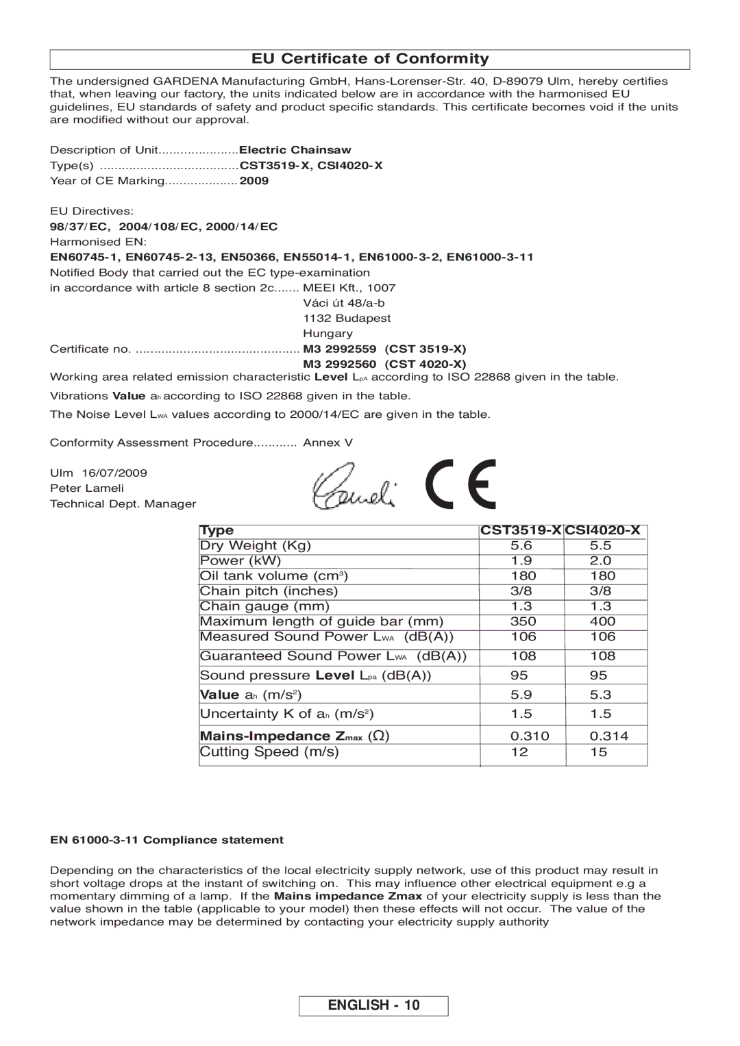 Gardena CST3519-X, CSI4020-X manual EU Certificate of Conformity 