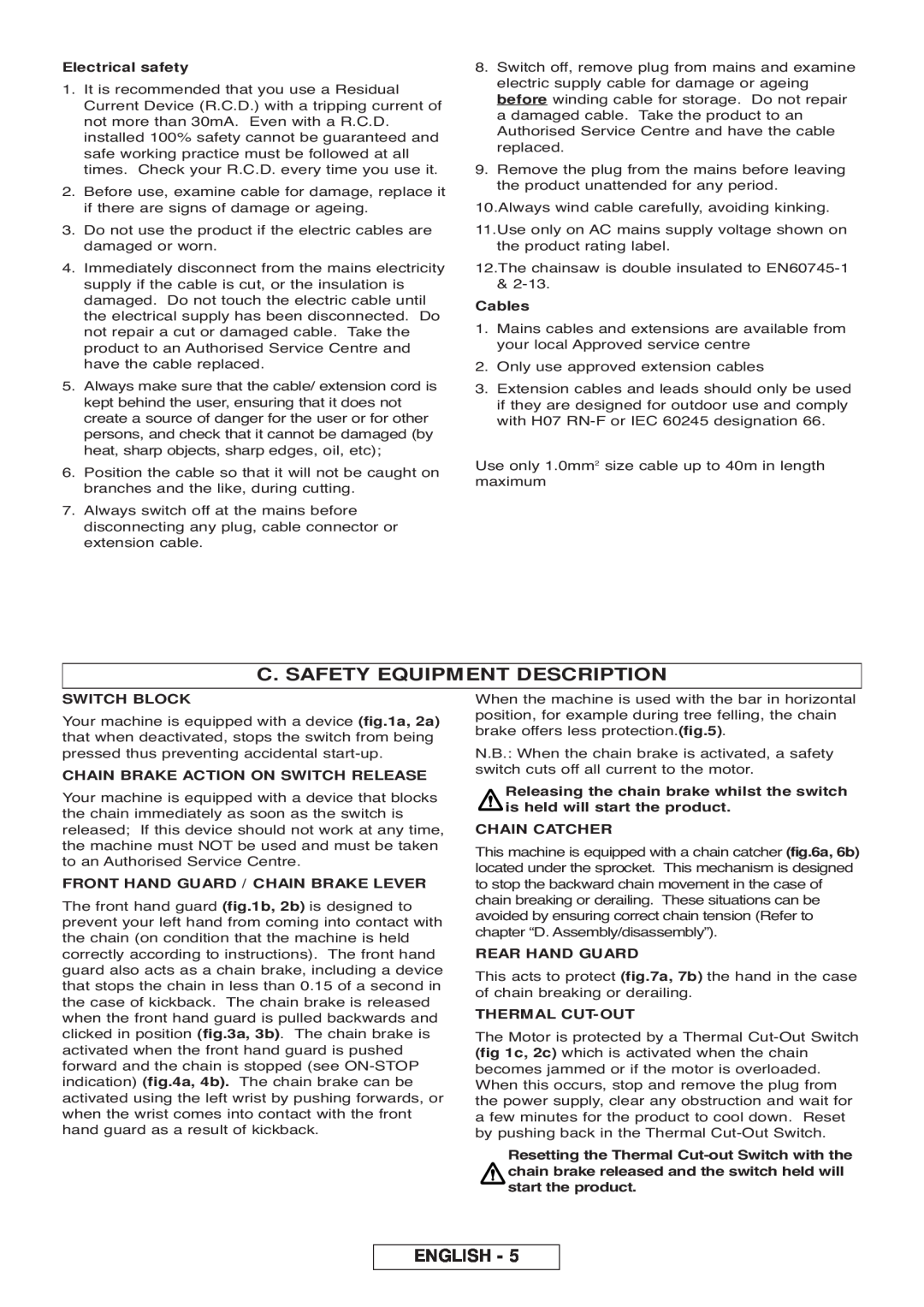 Gardena CSI4020-X manual C. Safety Equipment Description, English, Electrical safety, Cables, Switch Block, Chain Catcher 