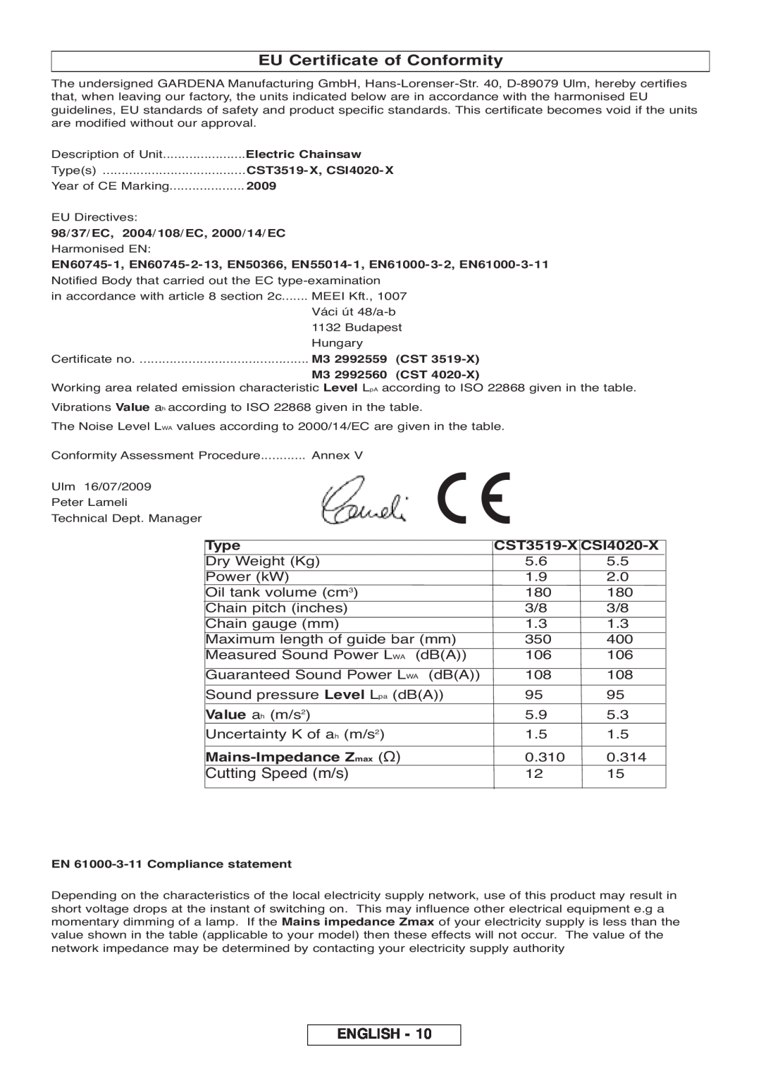 Gardena manual EU Certificate of Conformity, Cutting Speed m/s, English, CST3519-X CSI4020-X, Mains-ImpedanceZmax Ω 