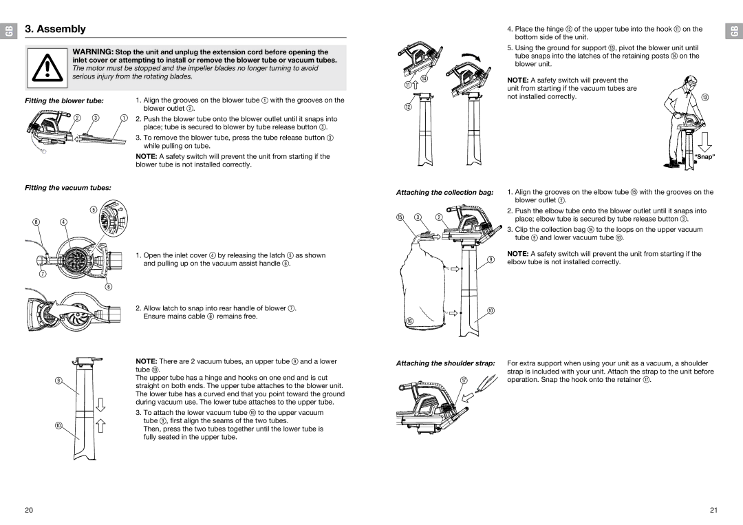 Gardena EJ3000 manual Fitting the vacuum tubes, Attaching the shoulder strap 