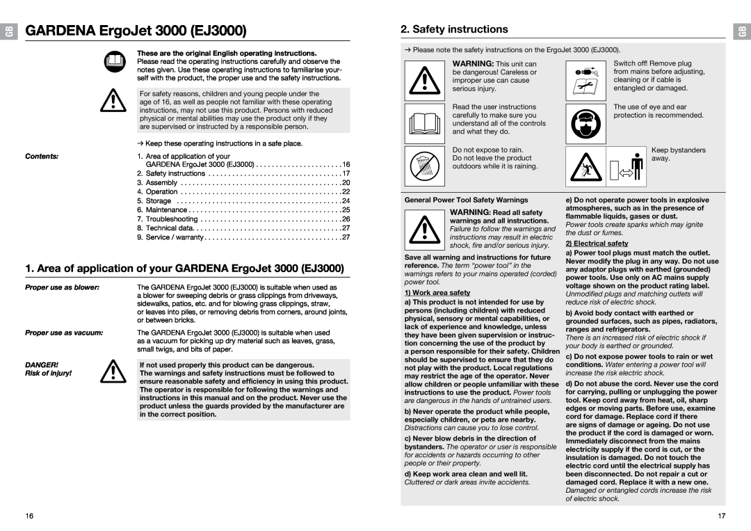 Gardena manual Safety instructions, GARDENA ErgoJet 3000 EJ3000 