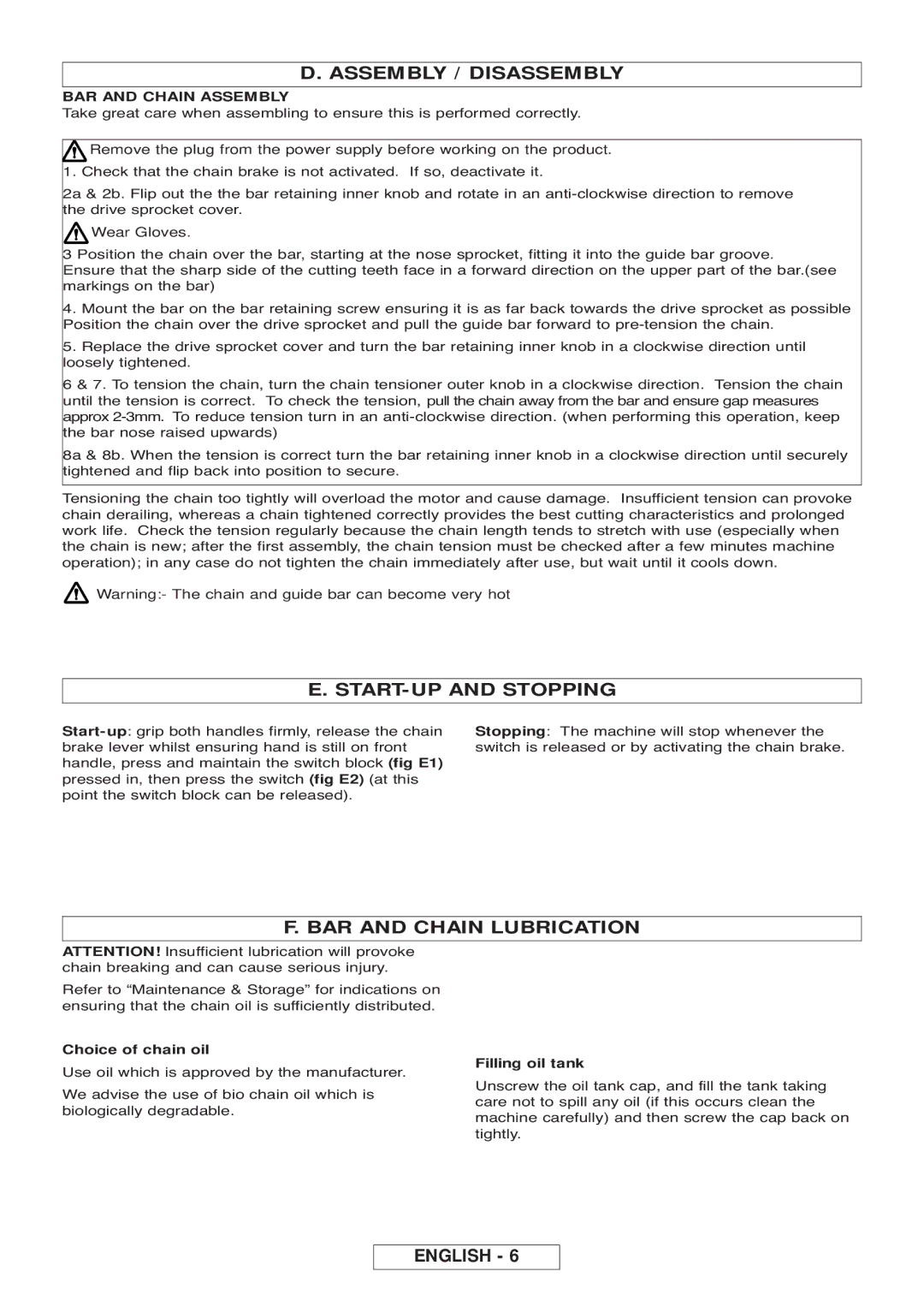 Gardena EN60745-1, EN55014-1 Assembly / Disassembly, START-UP and Stopping, BAR and Chain Lubrication, Choice of chain oil 