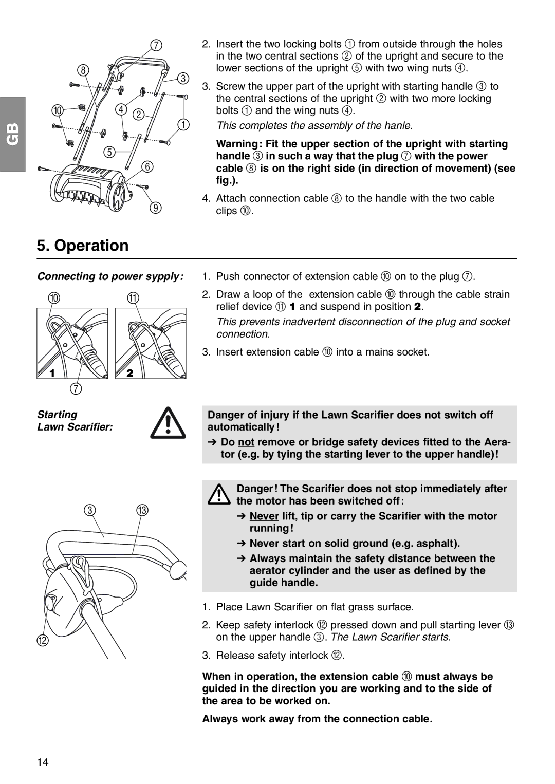 Gardena ES 500 manual Operation, Connecting to power sypply, Starting Lawn Scarifier 