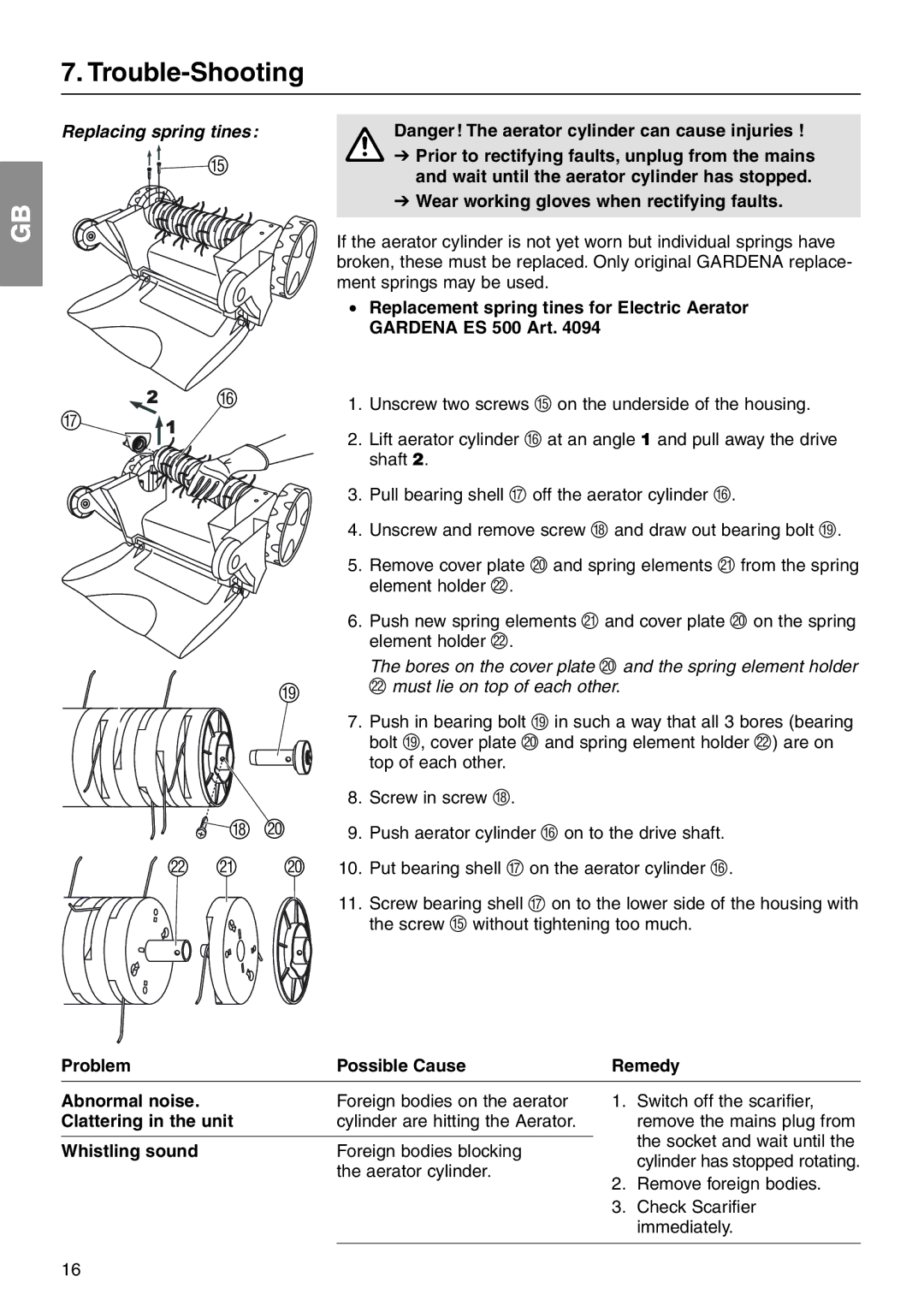 Gardena ES 500 manual Trouble-Shooting, Replacing spring tines 