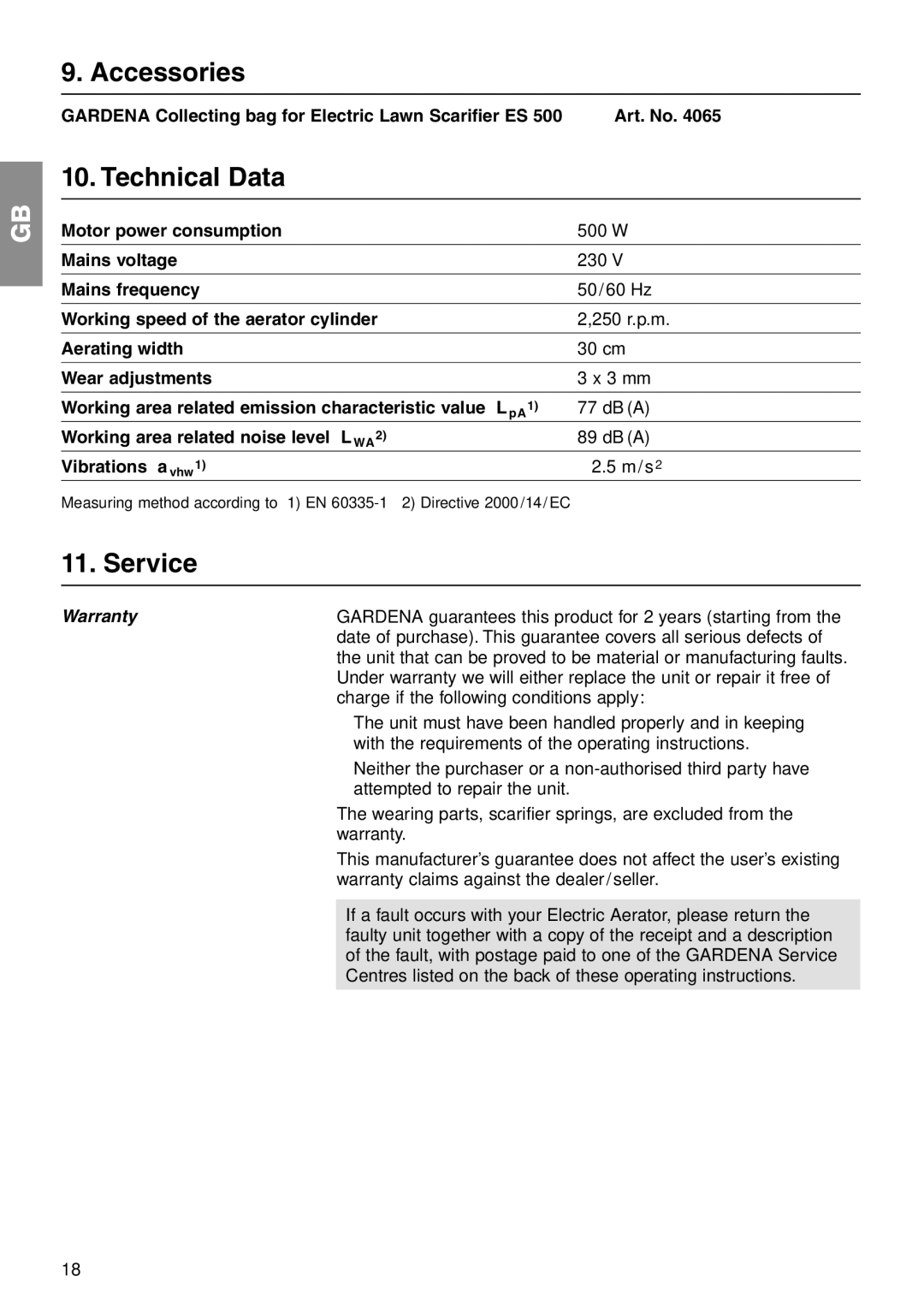 Gardena ES 500 manual Accessories, Technical Data, Service, Warranty 