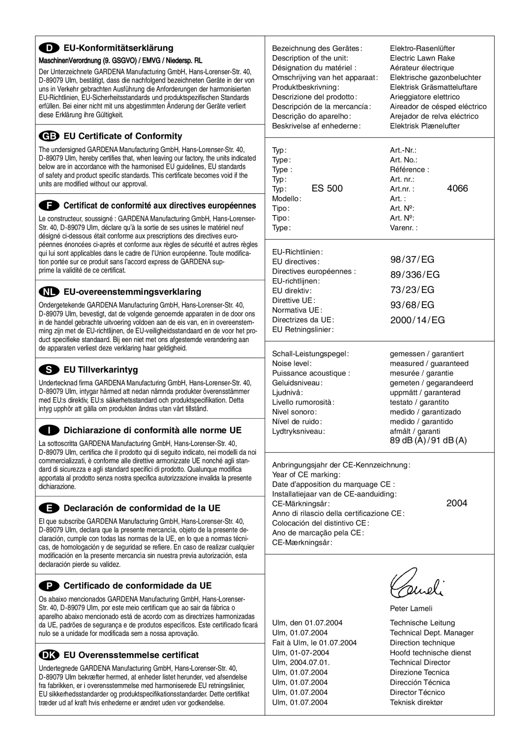 Gardena ES 500 manual D EU-Konformitätserklärung, G EU Certificate of Conformity, N EU-overeenstemmingsverklaring 