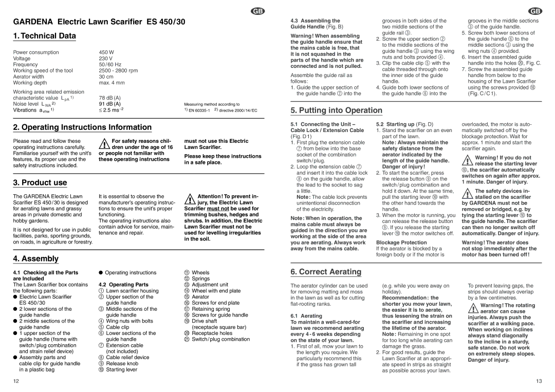 Gardena ES450/30 Gardena Electric Lawn Scarifier ES 450/30, Technical Data, Operating Instructions Information, Assembly 