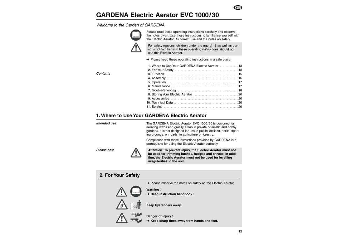 Gardena EVC 1000/30 manual Where to Use Your Gardena Electric Aerator, For Your Safety, Intended use Please note 