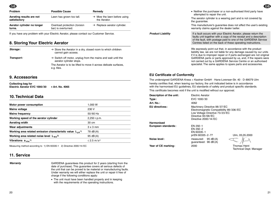 Gardena EVC 1000/30 manual Storing Your Electric Aerator, Accessories, Technical Data, Service 