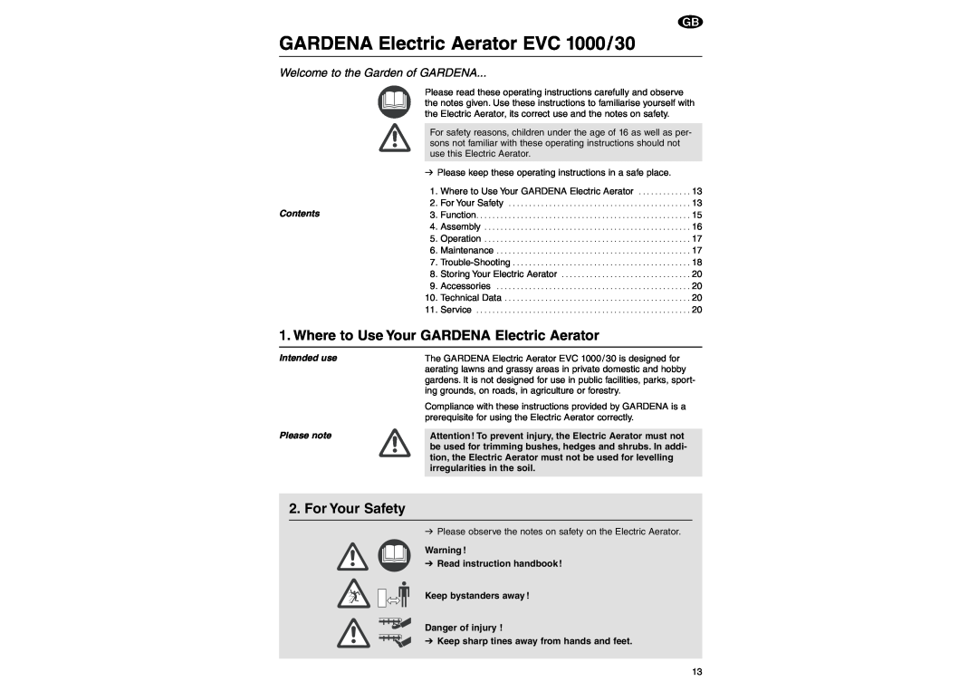 Gardena manual Where to Use Your GARDENA Electric Aerator, For Your Safety, GARDENA Electric Aerator EVC 1000/30 