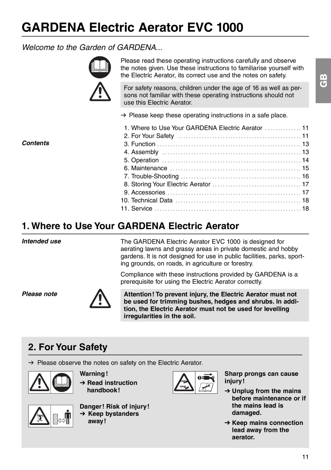 Gardena EVC1000 Where to Use Your Gardena Electric Aerator, For Your Safety, Intended use Please note 