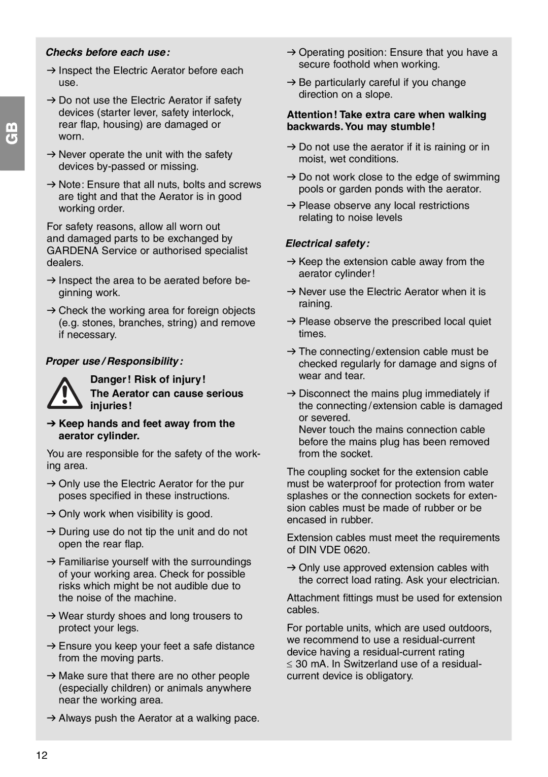 Gardena EVC1000 operating instructions Checks before each use, Proper use / Responsibility, Electrical safety 