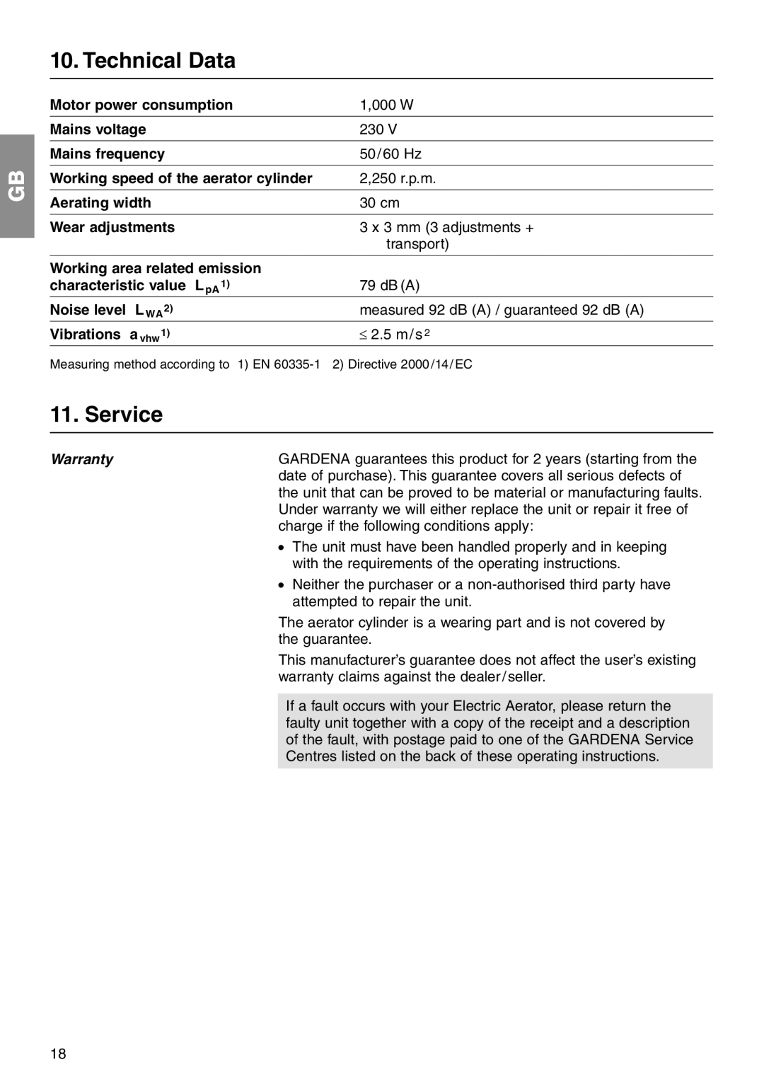 Gardena EVC1000 operating instructions Technical Data, Service, Warranty 