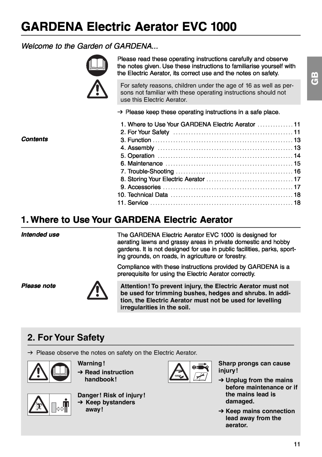 Gardena EVC1000 Where to Use Your GARDENA Electric Aerator, For Your Safety, GARDENA Electric Aerator EVC 