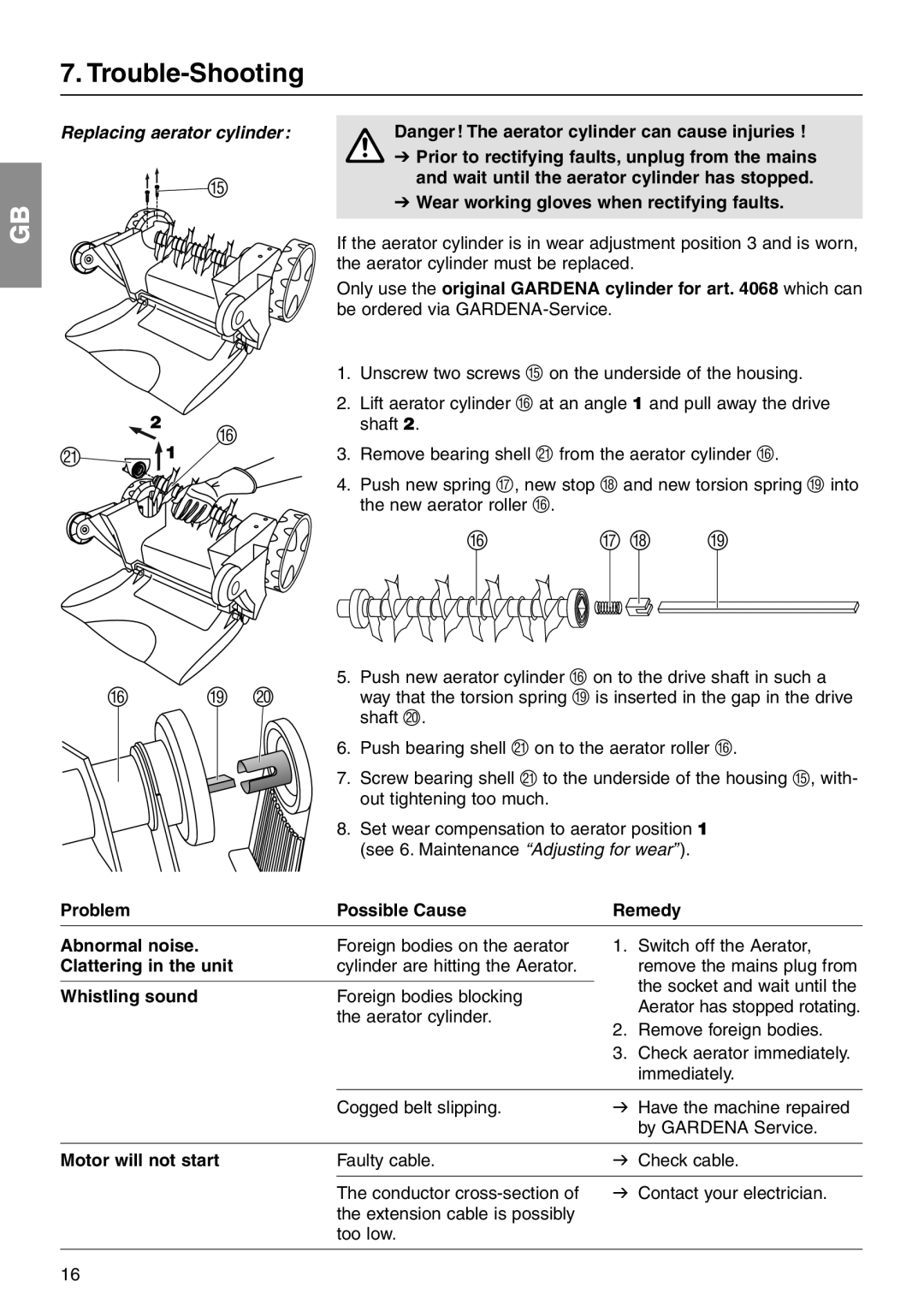 Gardena EVC1000 operating instructions Trouble-Shooting, Replacing aerator cylinder 