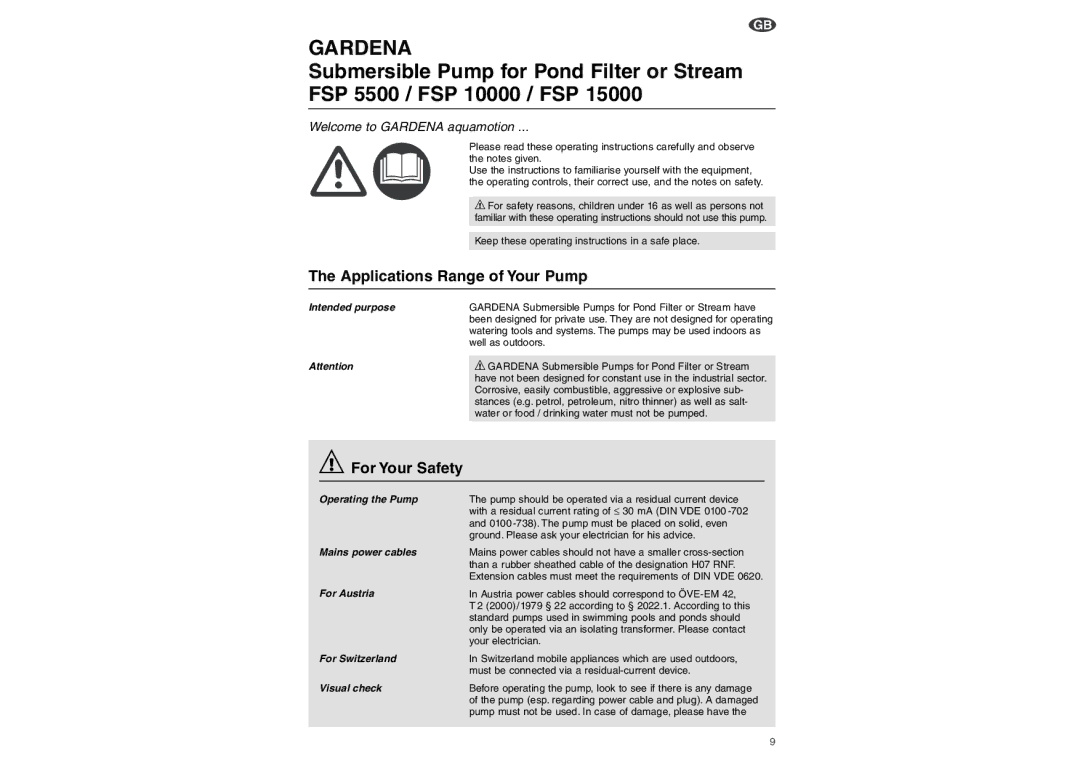 Gardena FSP 10000, FSP 15000, FSP 5500 operating instructions Applications Range of Your Pump, For Your Safety 