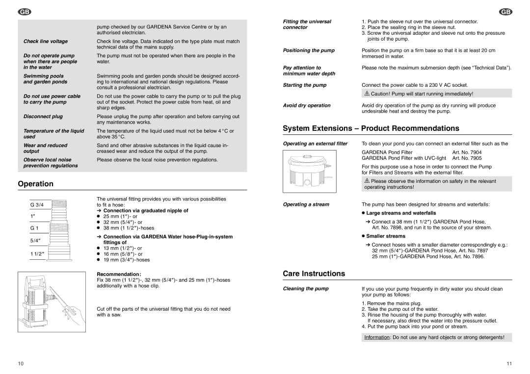 Gardena FSP 15000, FSP 10000, FSP 5500 System Extensions Product Recommendations, Operation, Care Instructions 