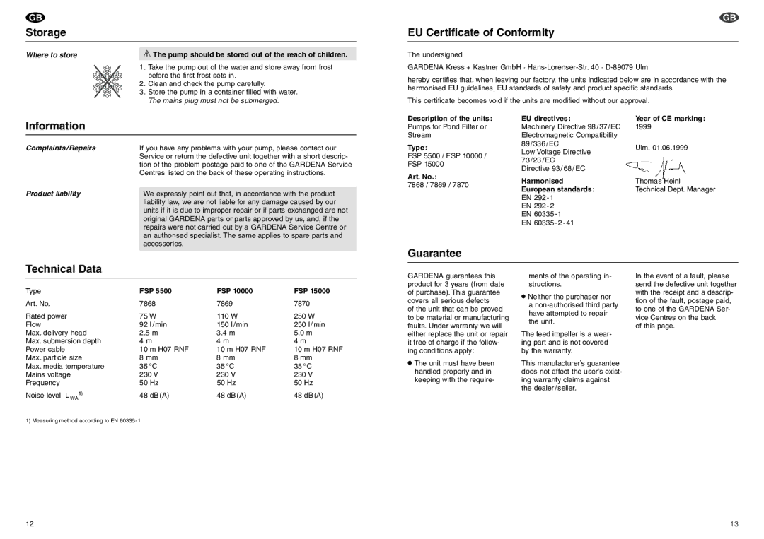 Gardena FSP 5500, FSP 10000, FSP 15000 Storage, EU Certificate of Conformity, Information, Technical Data Guarantee 