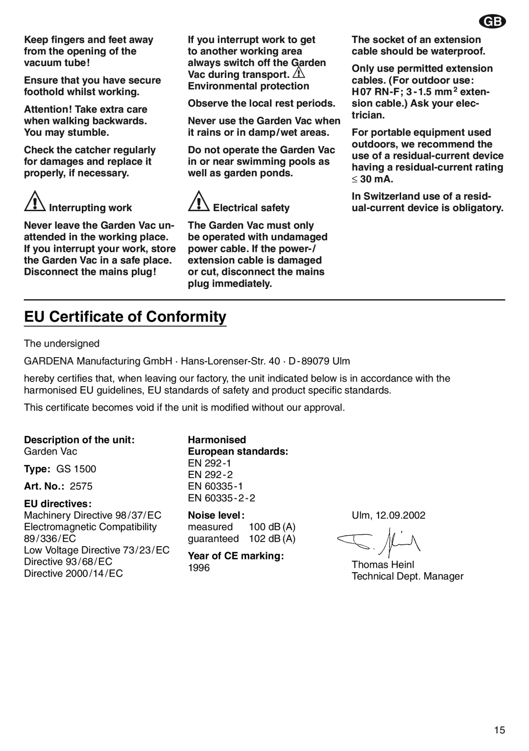 Gardena GS 1500 Art. 2575 manual EU Certificate of Conformity 