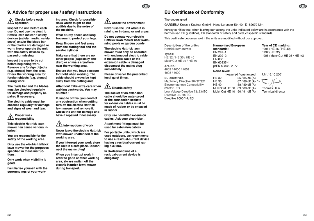 Gardena HE36, HE32, HE40 operating instructions Types, Art. No, EU directives 