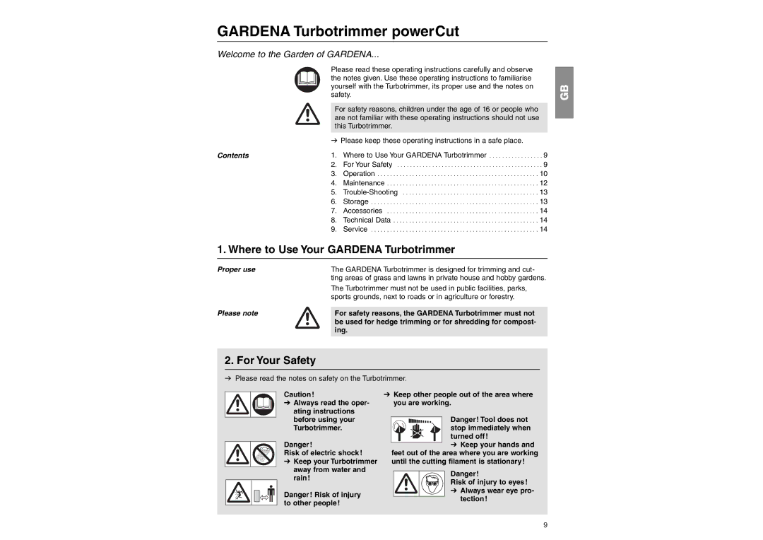 Gardena Lawn Mower manual Where to Use Your Gardena Turbotrimmer, For Your Safety 