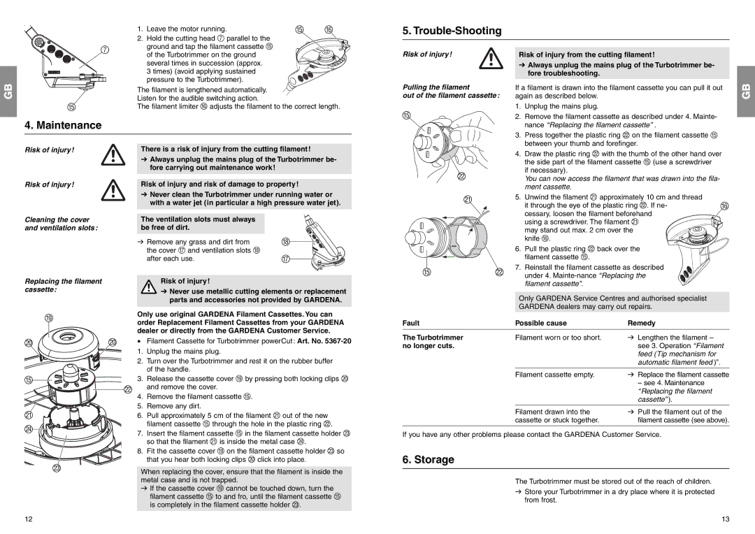 Gardena Lawn Mower manual Trouble-Shooting, Maintenance, Storage 