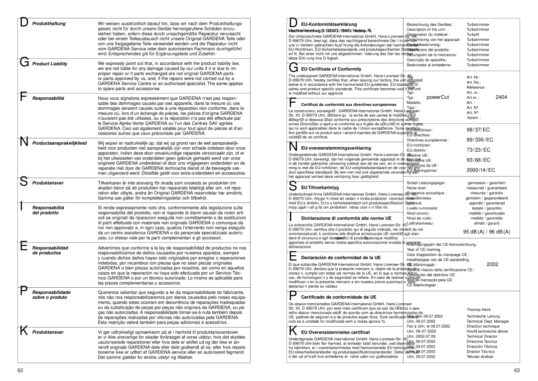 Gardena Lawn Mower manual PowerCut, 2404, 98/37/EC, 89/336/EC, 73/23/EC, 93/68/EC, 2000/14/EC, 2002 