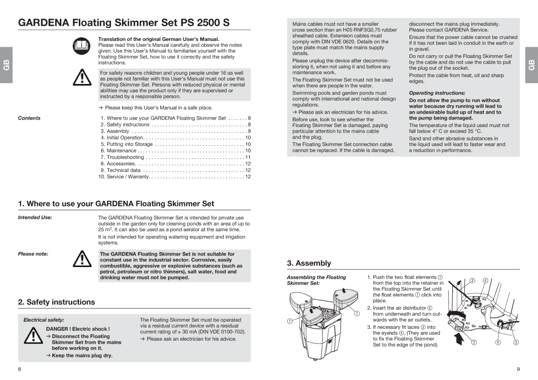 Gardena PS 2500 S user manual Where to use your Gardena Floating Skimmer Set, Assembly, Safety instructions 