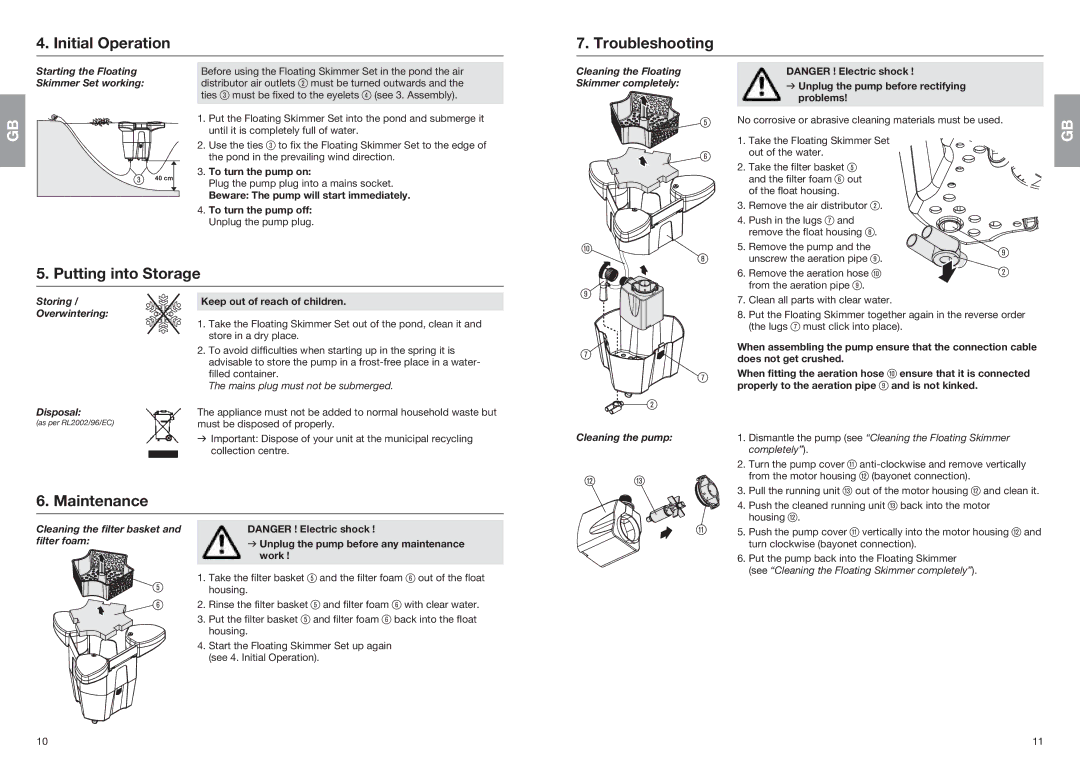 Gardena PS 2500 S user manual Initial Operation Troubleshooting, Putting into Storage, Maintenance 