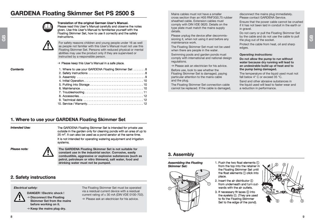 Gardena PS 2500 S user manual Where to use your GARDENA Floating Skimmer Set, Assembly, Safety instructions 