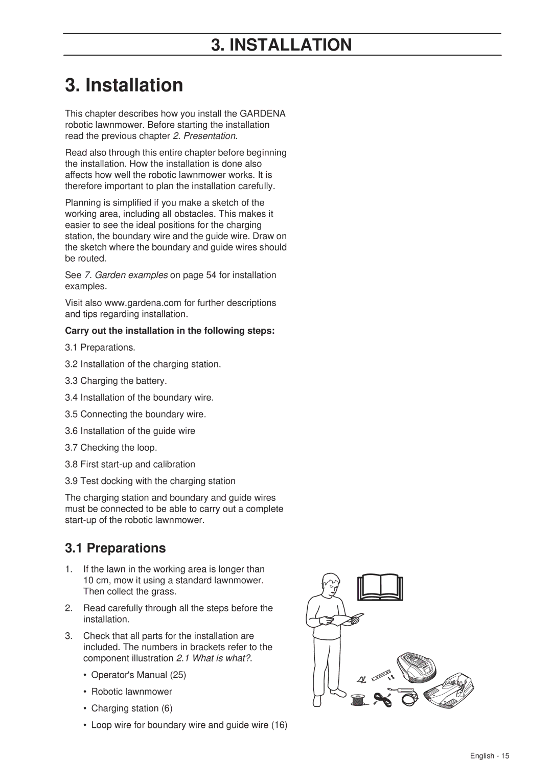 Gardena R70Li, R40Li installation manual Installation, Preparations, Carry out the installation in the following steps 