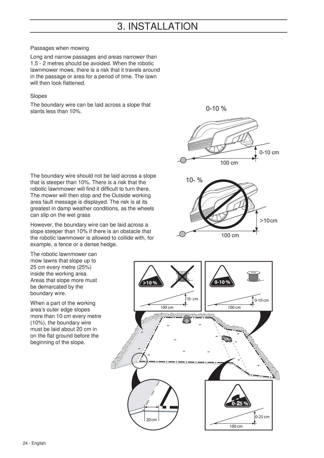 Gardena R40Li, R70Li installation manual Passages when mowing, Slopes 