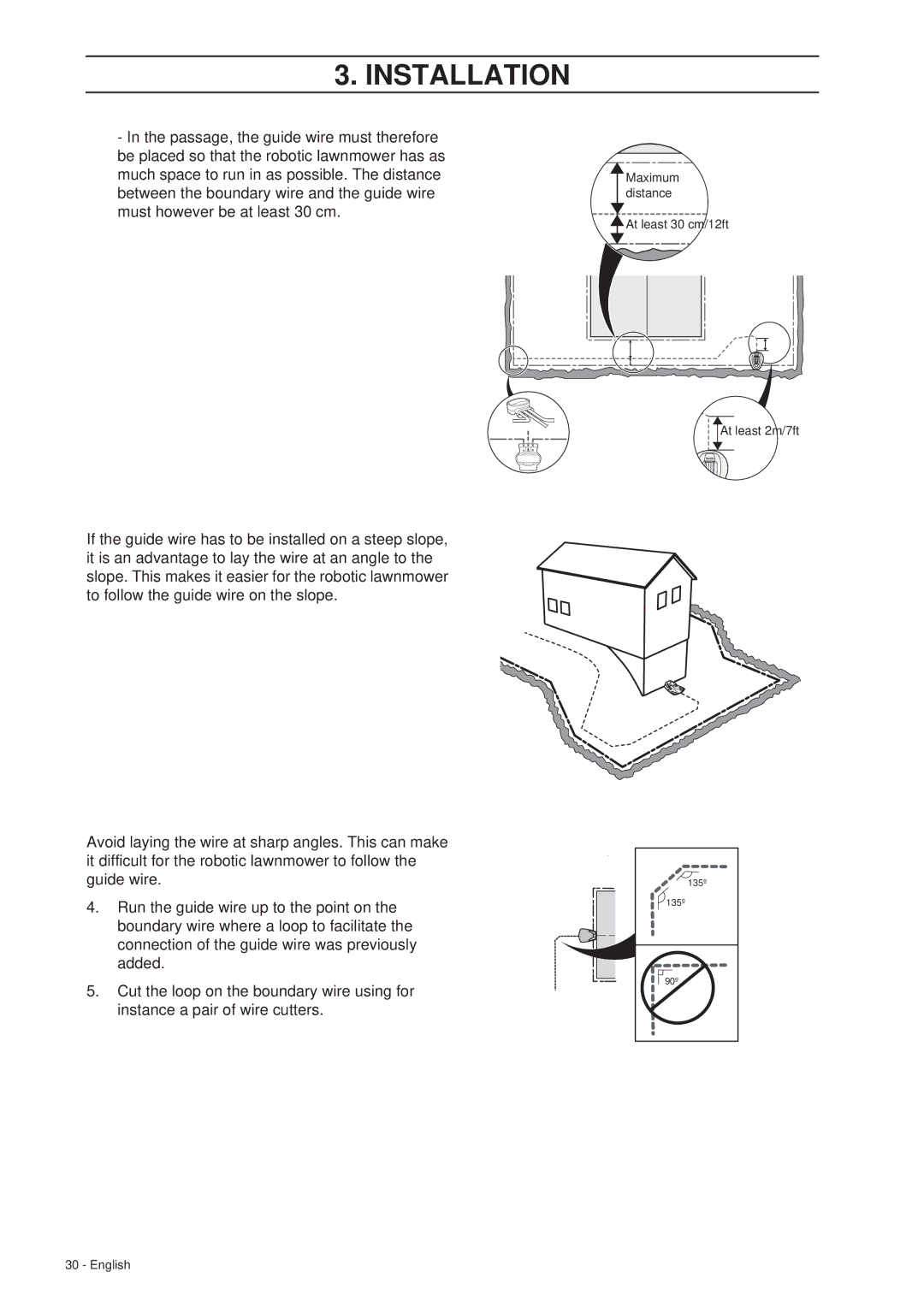 Gardena R40Li, R70Li installation manual Maximum distance At least 30 cm/12ft At least 2m/7ft 