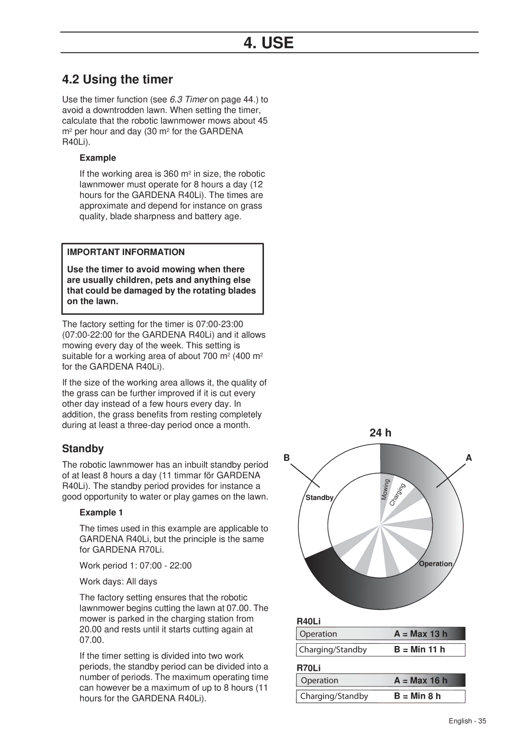 Gardena R70Li, R40Li installation manual Using the timer, Standby, Example 