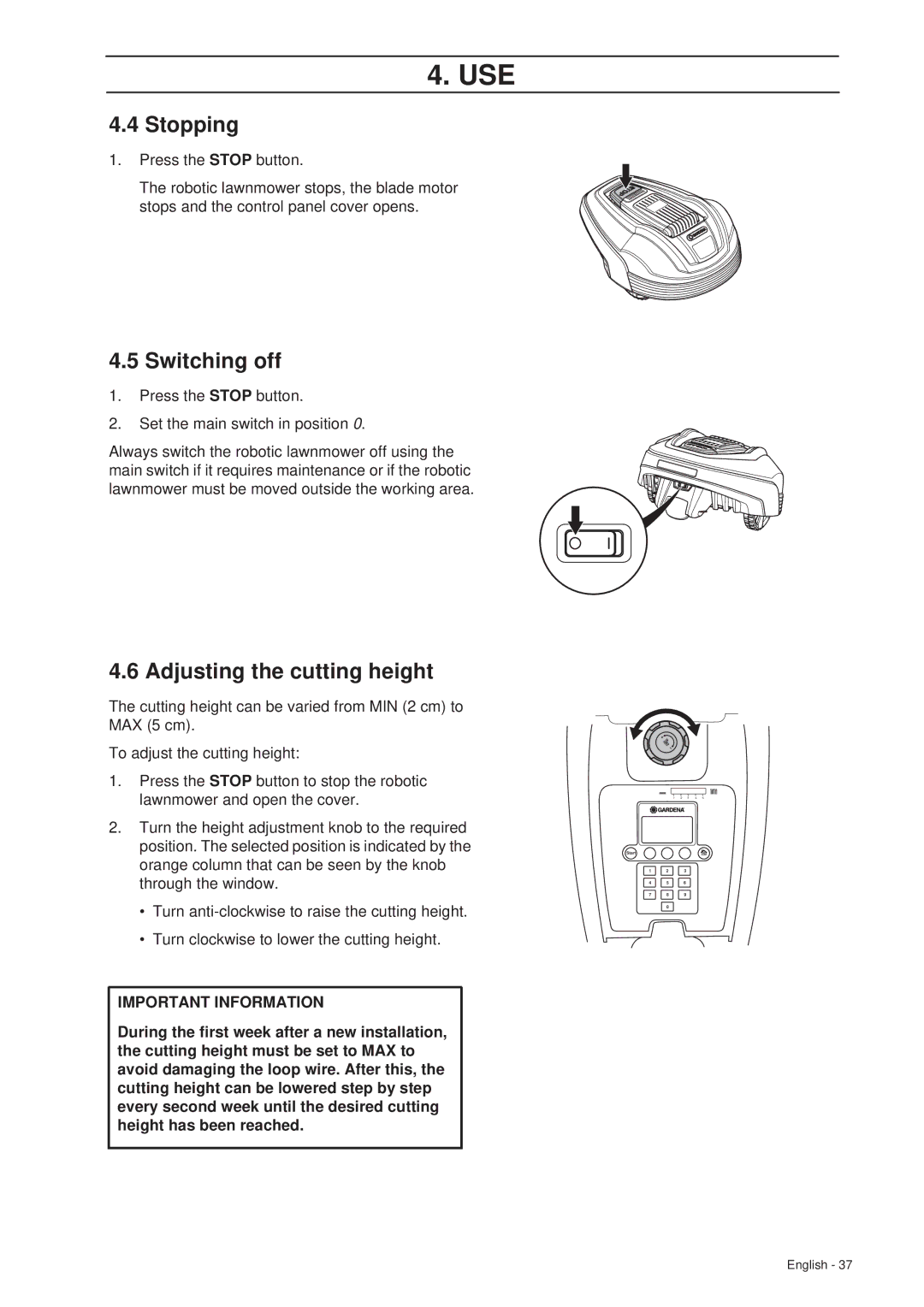 Gardena R70Li, R40Li installation manual Stopping, Switching off, Adjusting the cutting height 