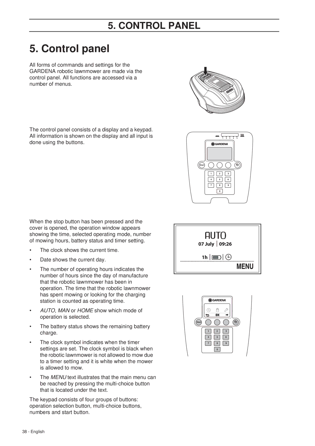 Gardena R40Li, R70Li installation manual Control panel 