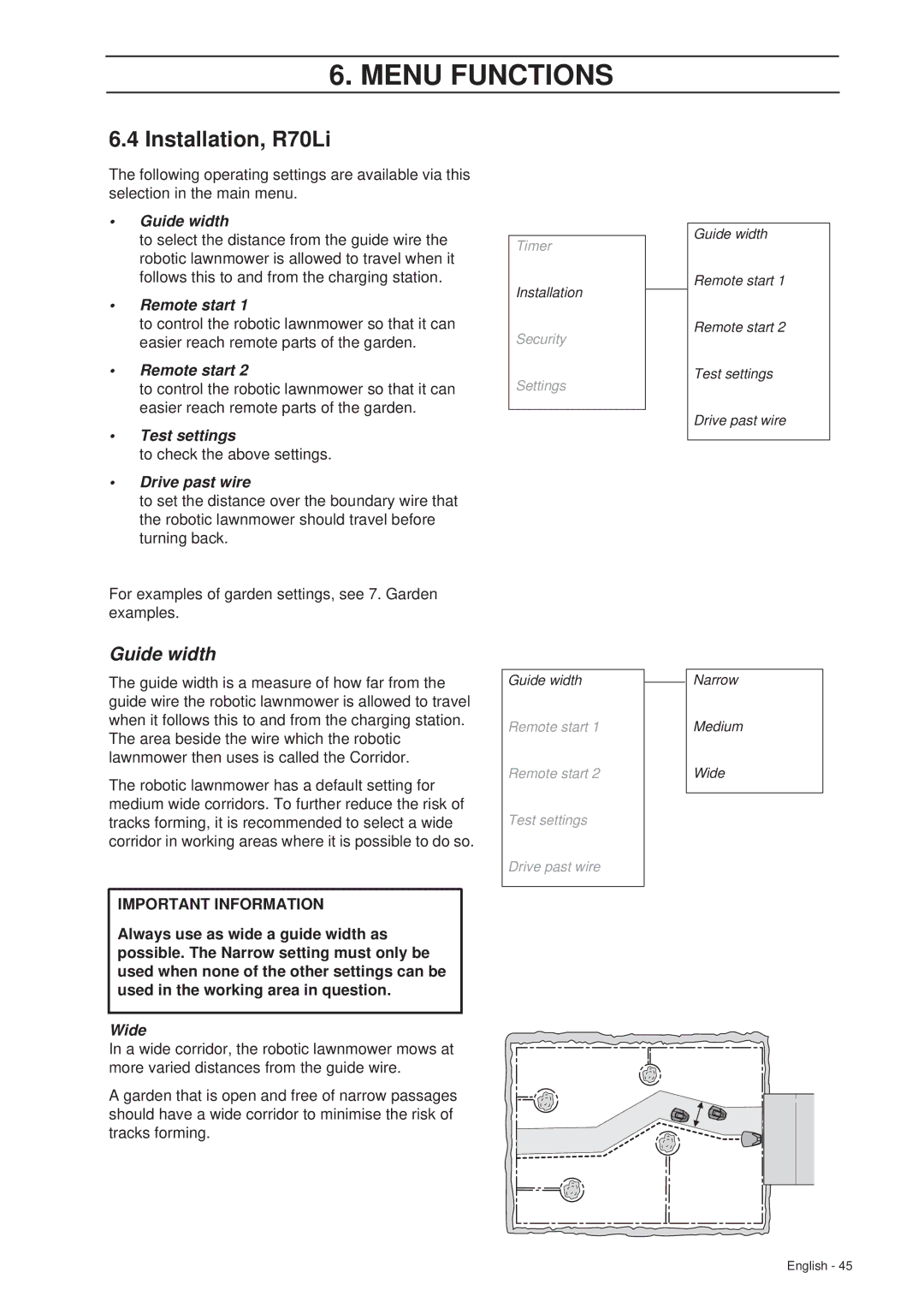 Gardena R40Li installation manual Installation, R70Li, Guide width 