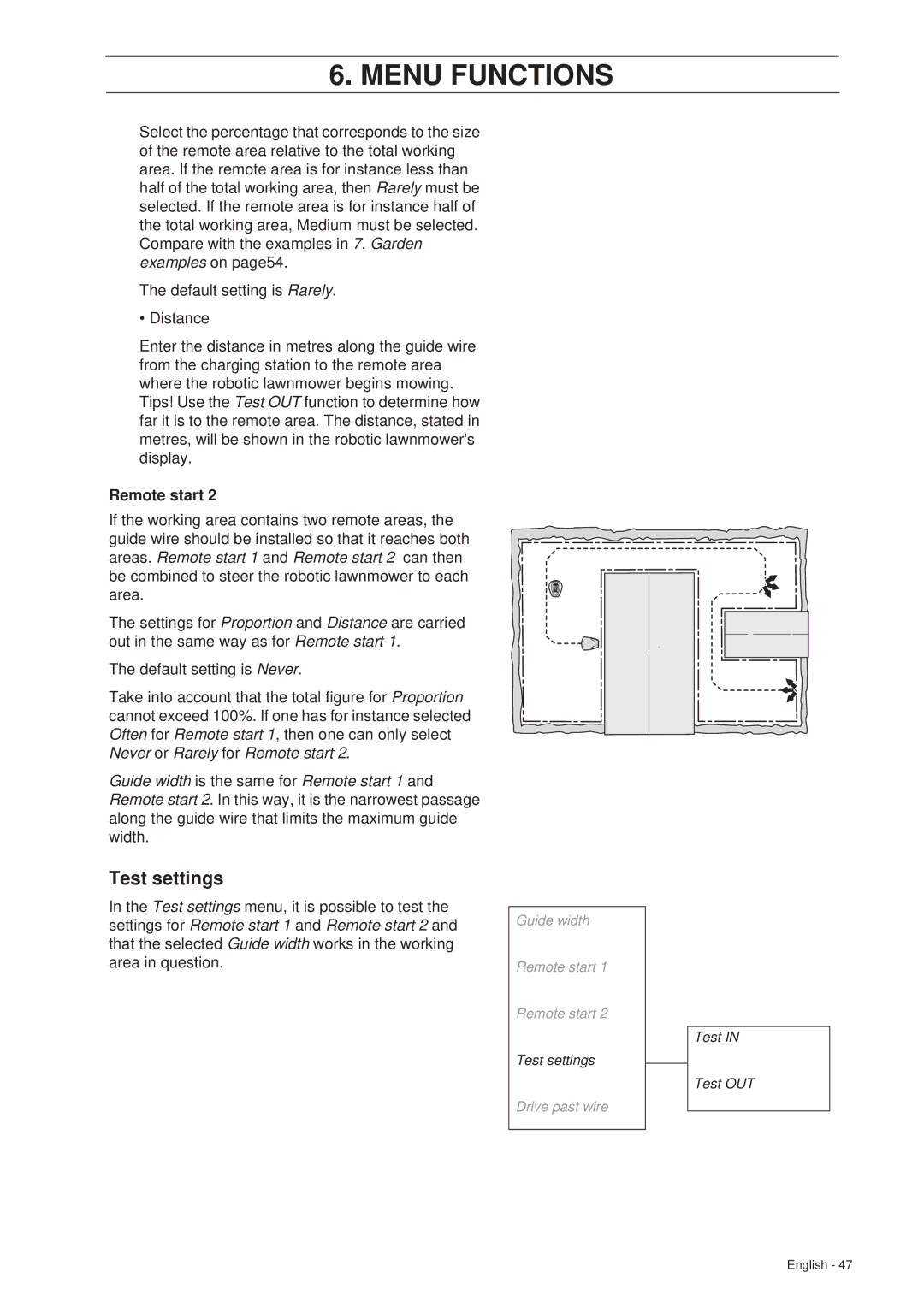 Gardena R70Li, R40Li installation manual Test settings, Remote start 