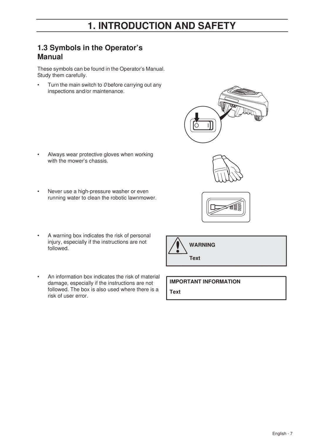 Gardena R70Li, R40Li installation manual Symbols in the Operator’s Manual, Text Important Information Text 