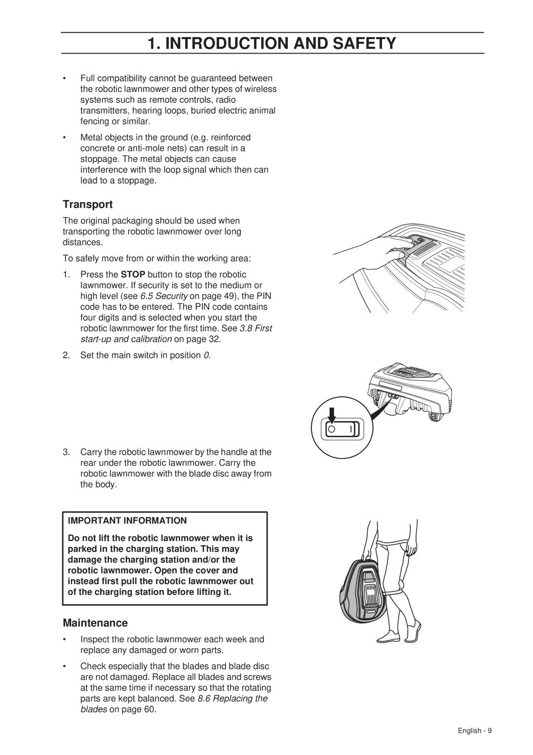 Gardena R70Li, R40Li installation manual Transport, Maintenance 