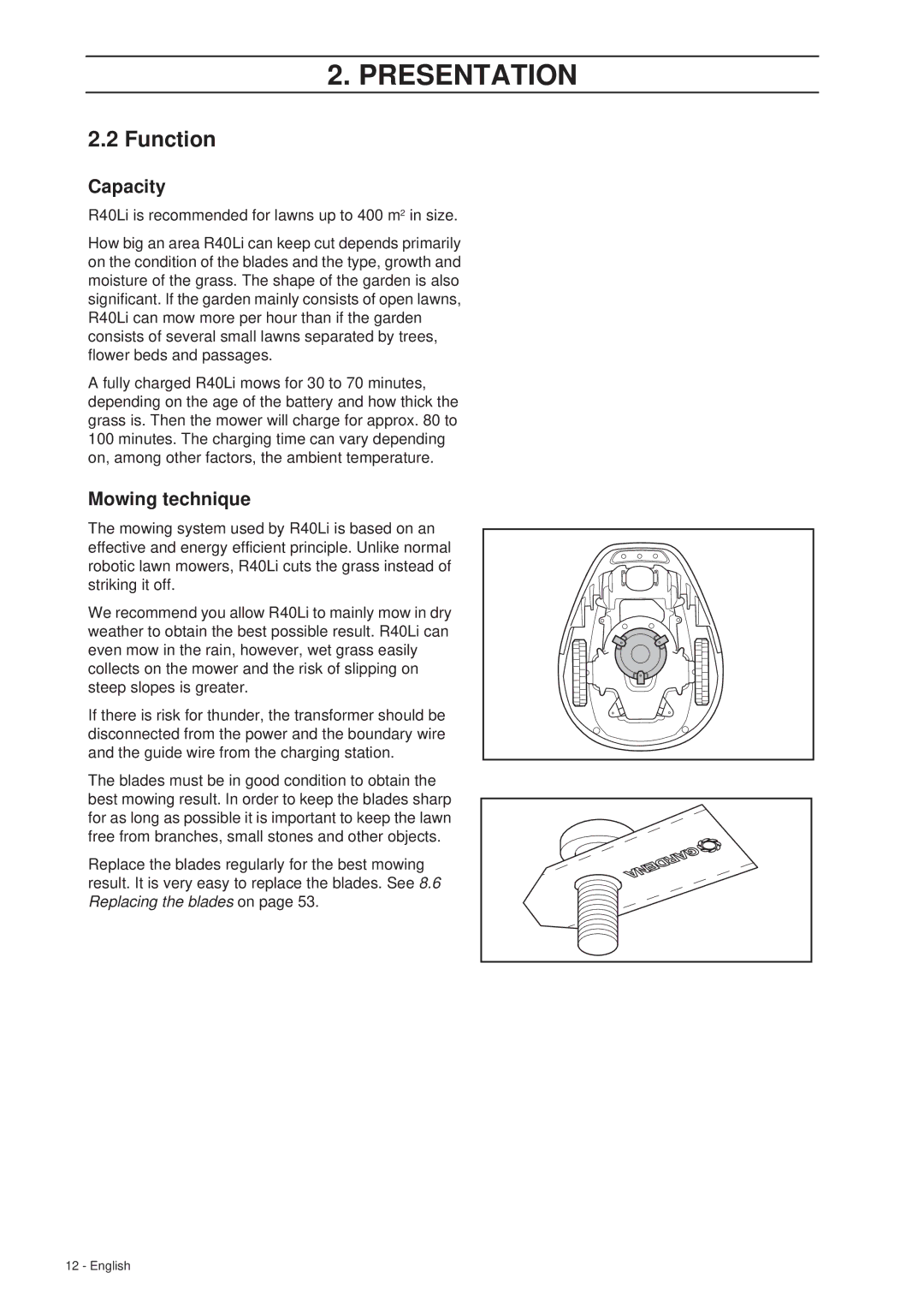 Gardena R40Li manual Function, Capacity, Mowing technique 