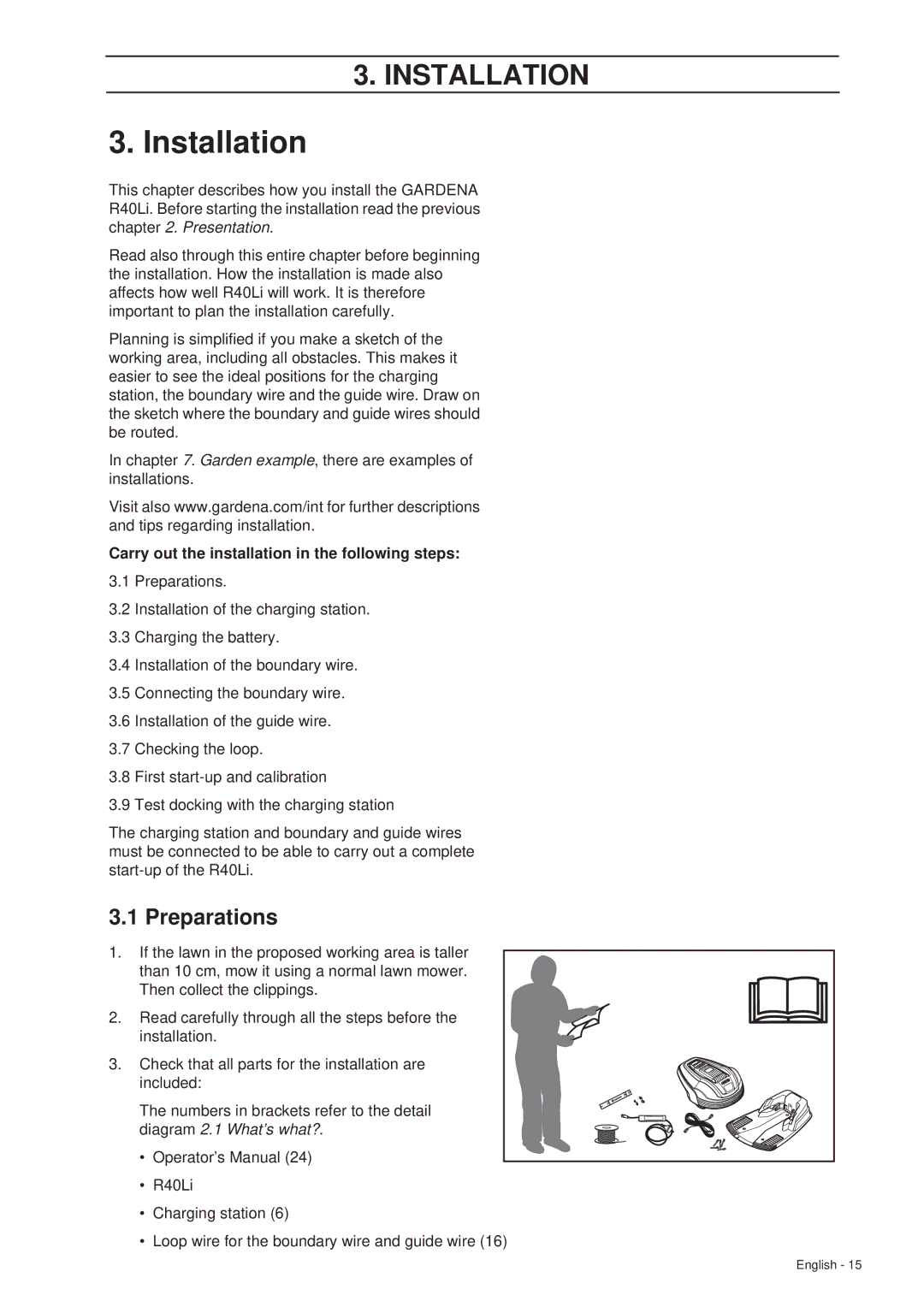 Gardena R40Li manual Installation, Preparations, Carry out the installation in the following steps 