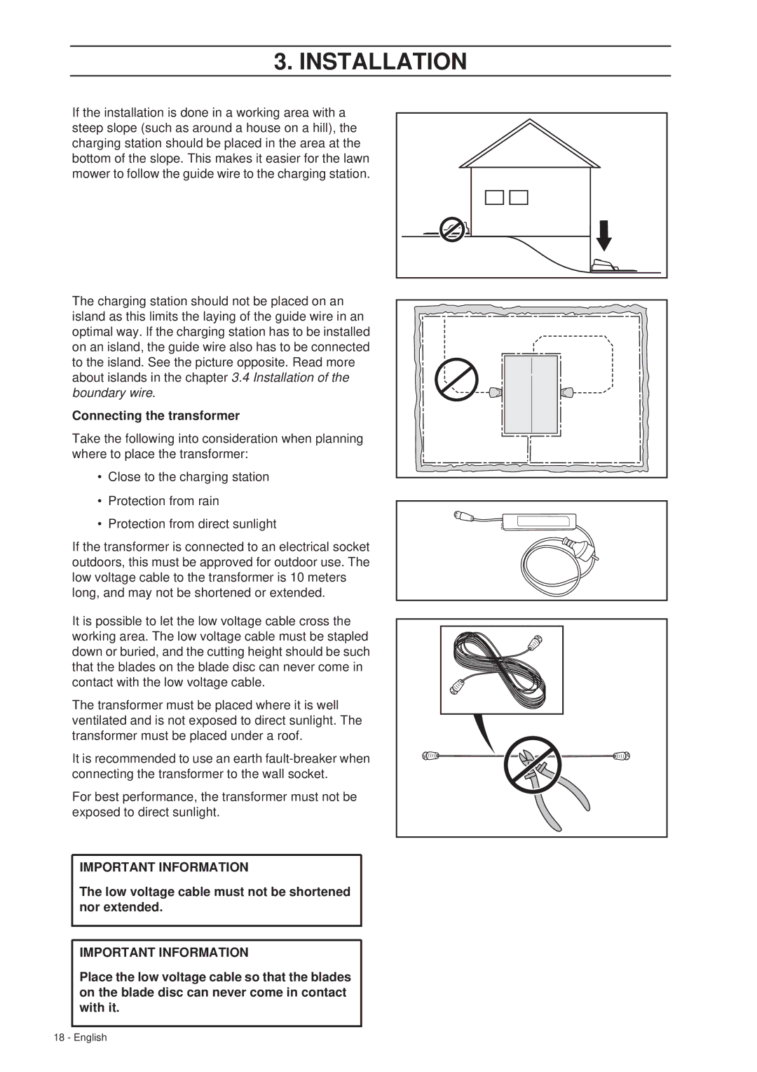 Gardena R40Li manual Connecting the transformer, Low voltage cable must not be shortened nor extended 